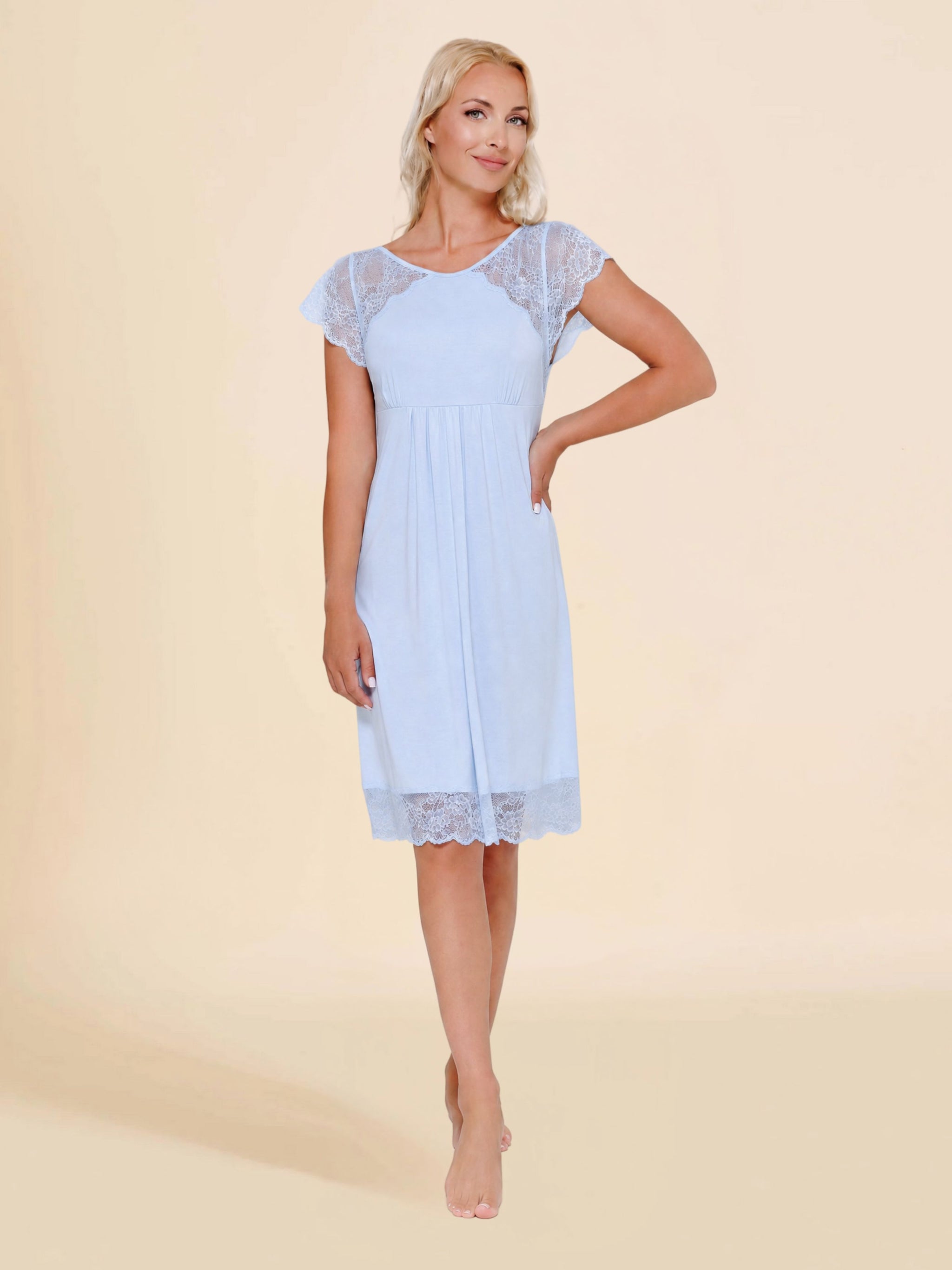 Luminé Serene Porcelain Blue Nightdress in superfine modal and lace, full-length front view