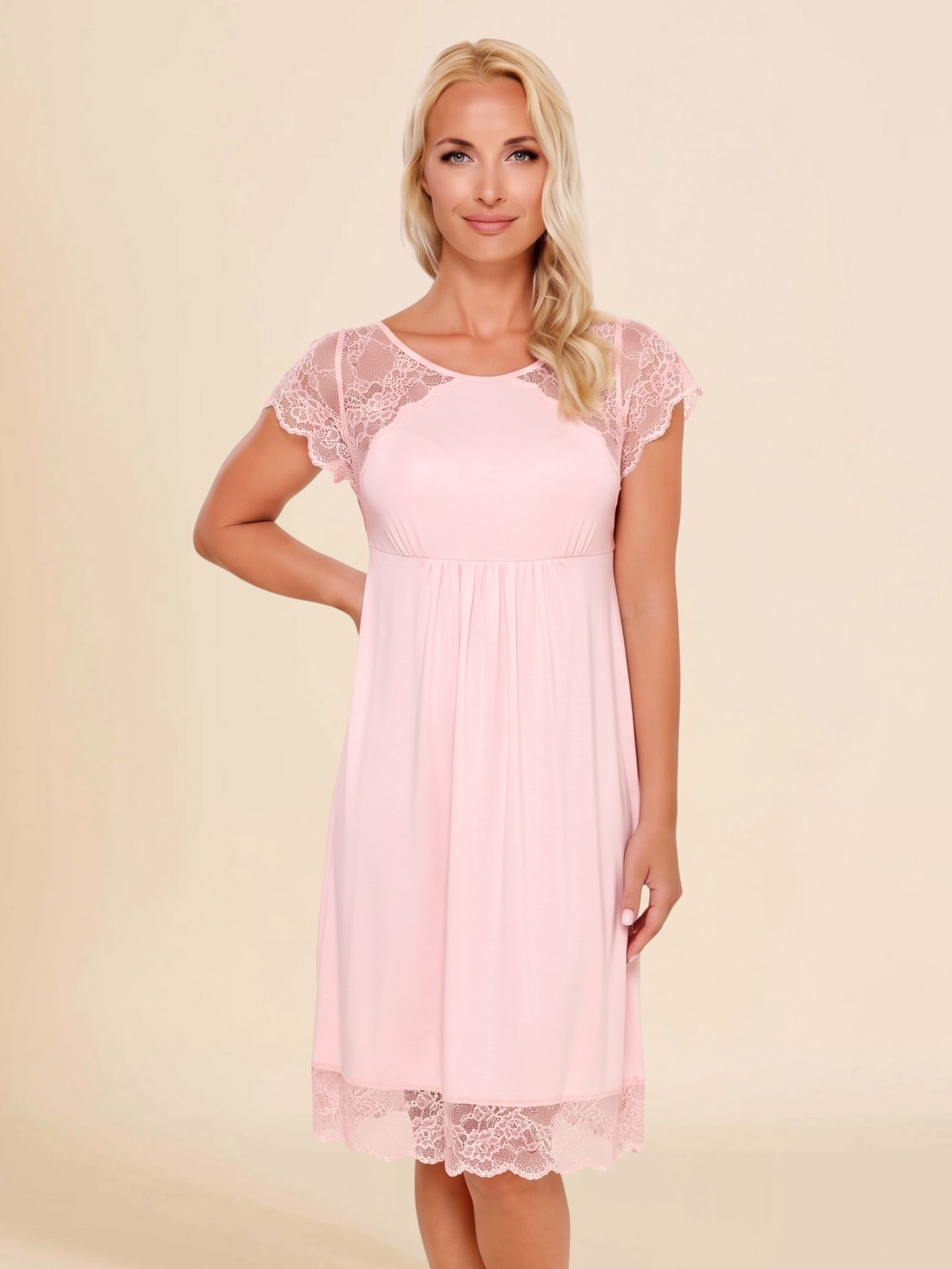 Luminé Serene Petal Pink Nightdress in superfine modal and lace, worn, relaxed front view