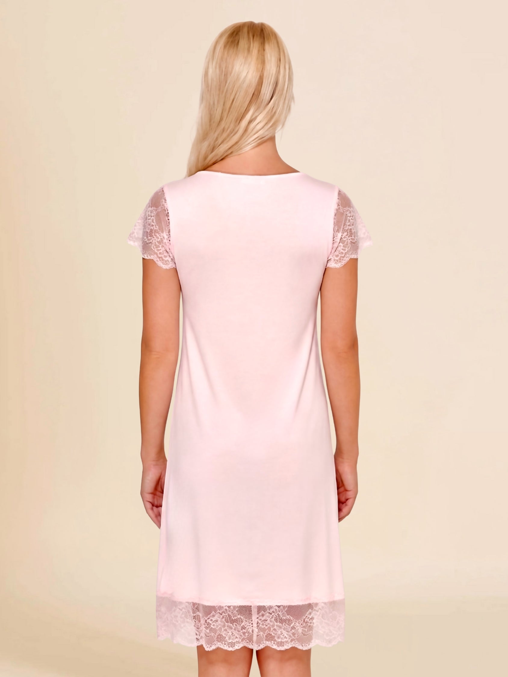 Luminé Serene Petal Pink Nightdress in superfine modal and lace, back view