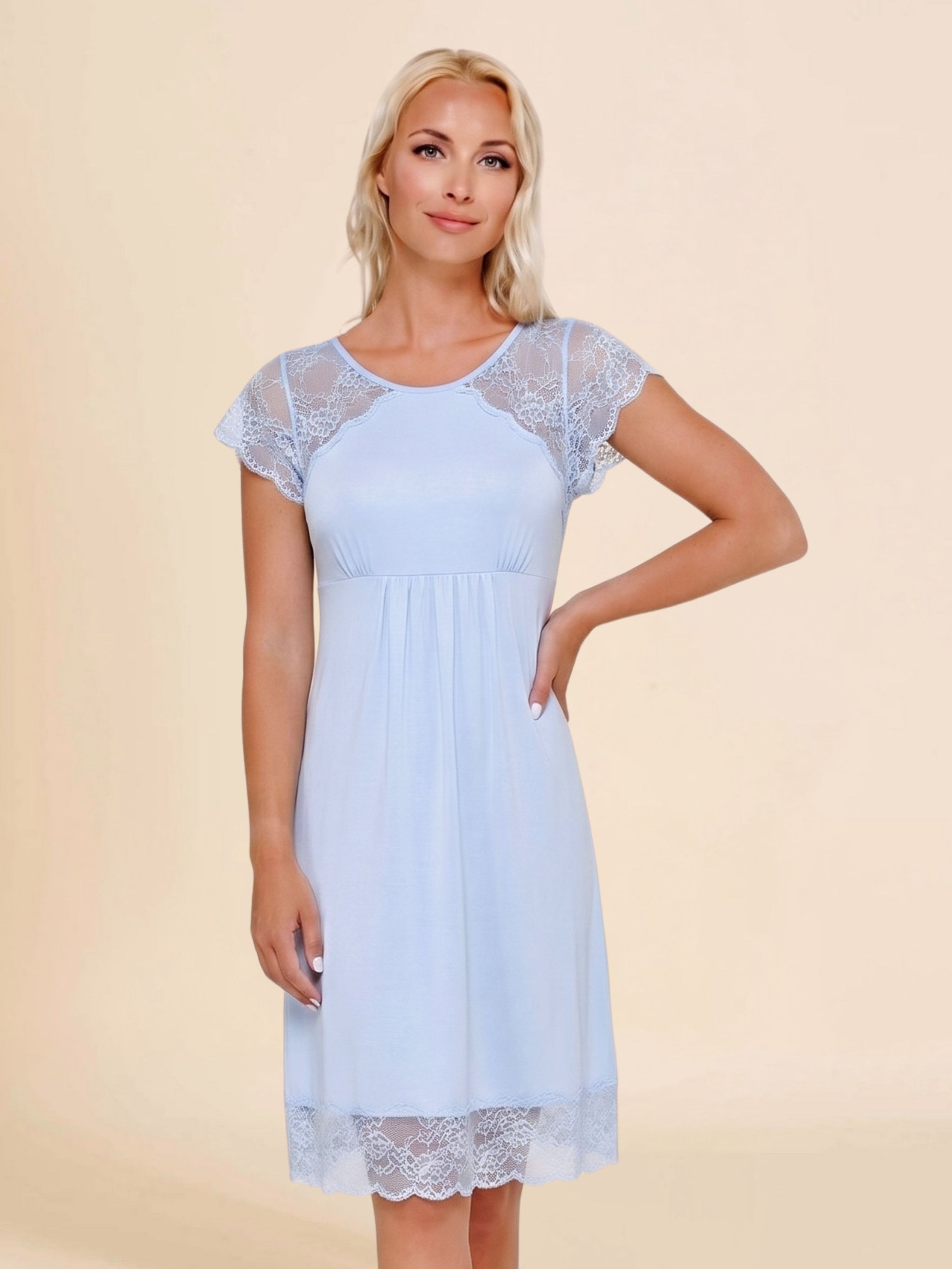 Woman wearing light porcelain blue Lenzing Tencel Micromodal and lace nightress. Soft, comfortable, moisture-wicking and temperature regulating fabric for best sleep.