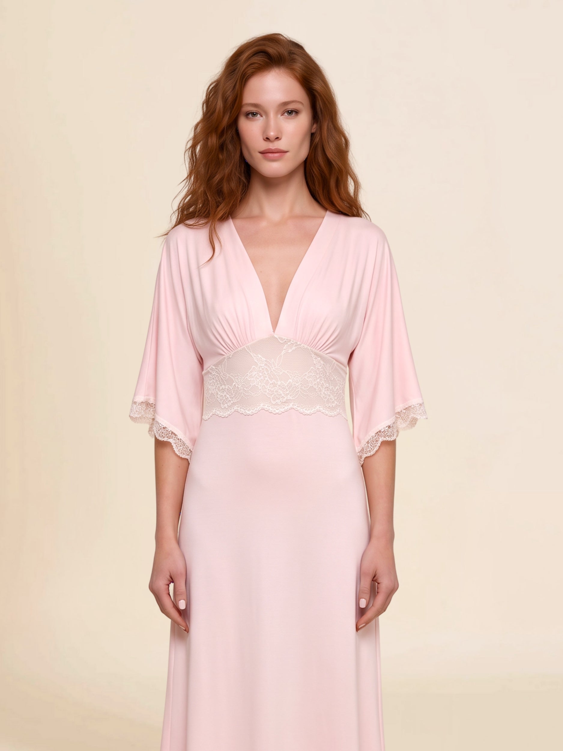 Luminé Allure Petal Pink Nightdress in superfine modal and lace, front close-up