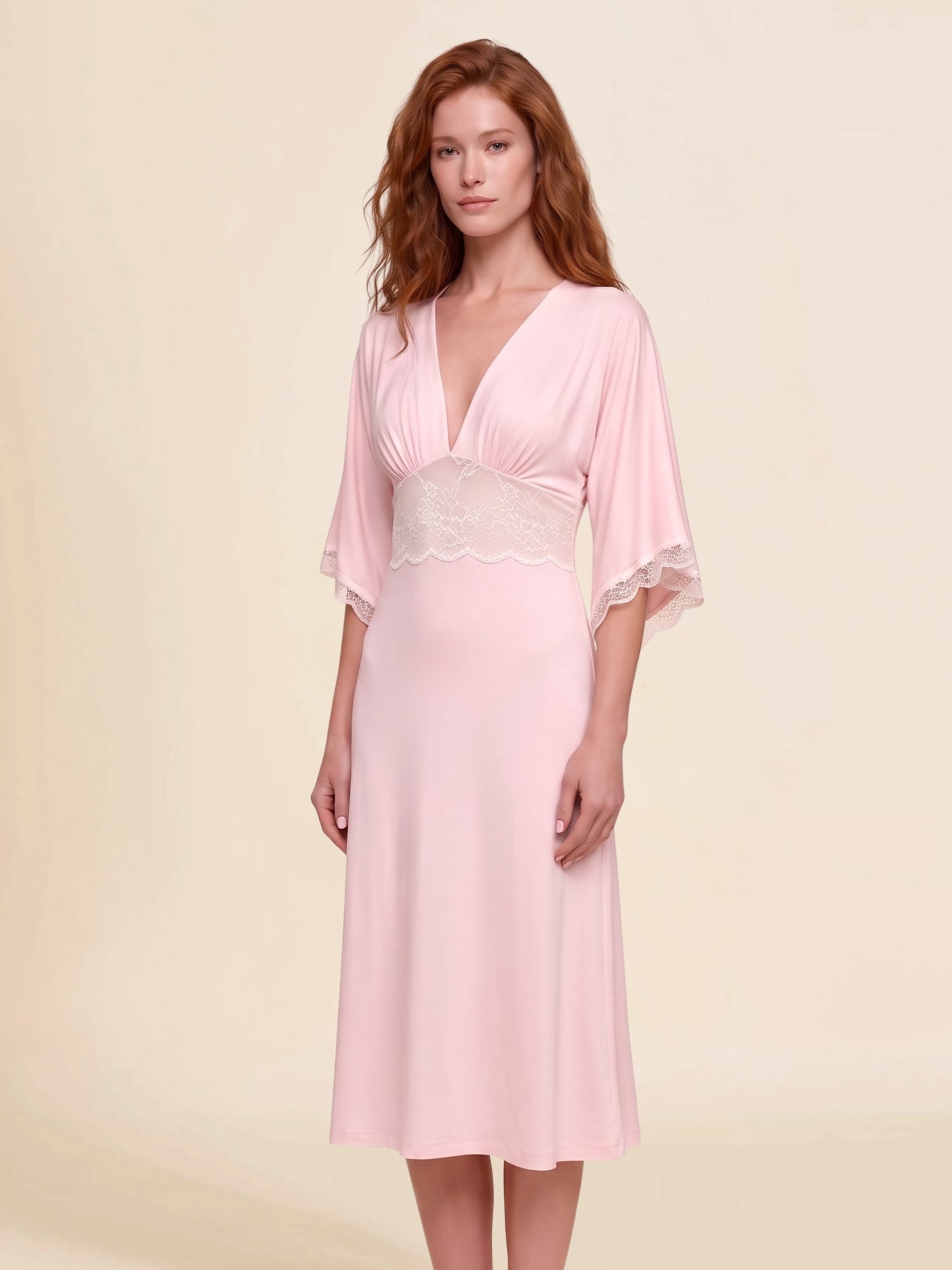 Luminé Allure Petal Pink Nightdress in superfine modal and lace, kimono sleeve and lace waist detail