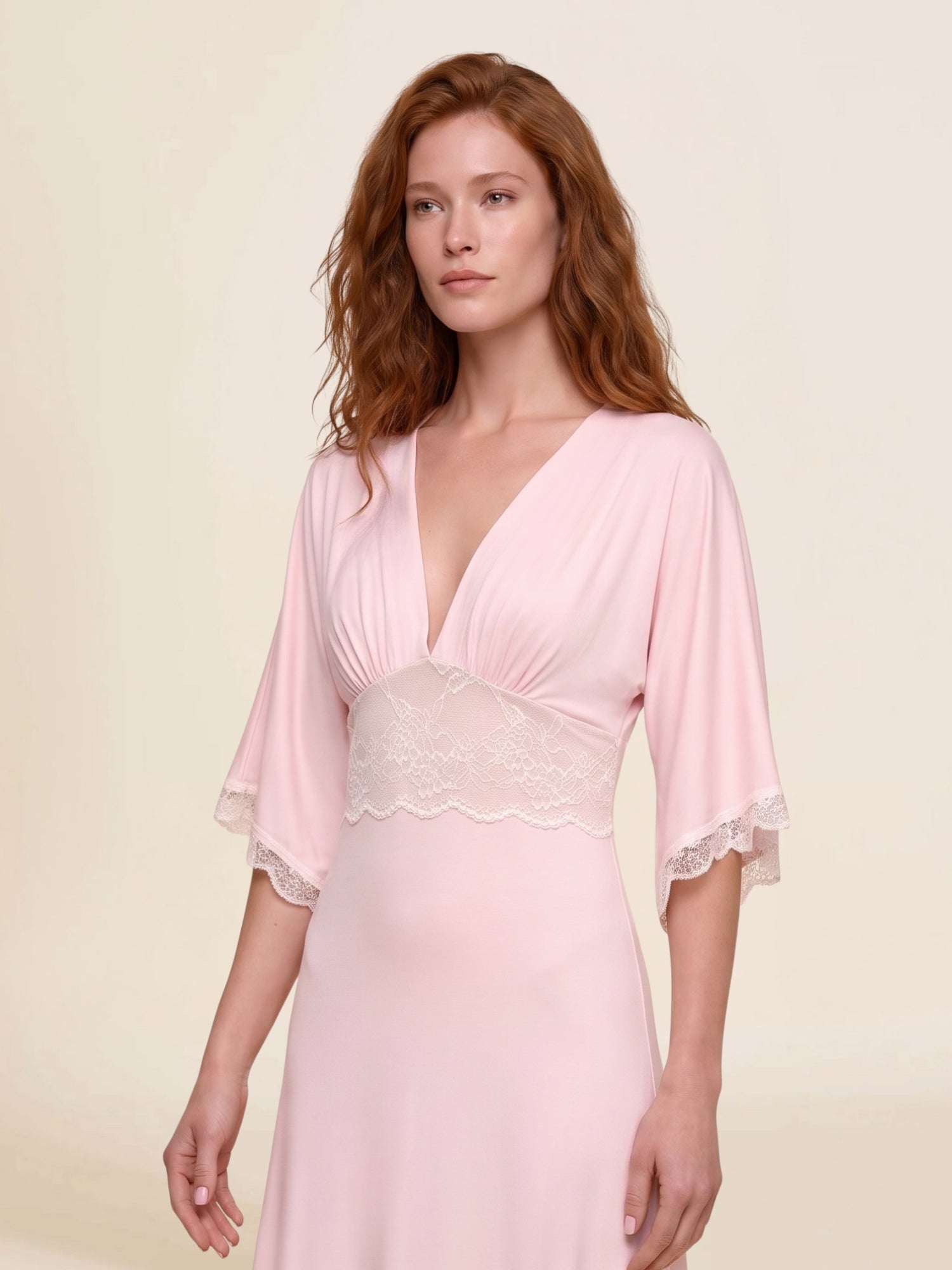 Luminé Allure Petal Pink Nightdress in superfine modal and lace, lace neckline close-up