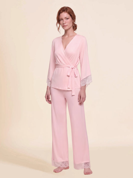 Luminé Sublime Petal Pink Wrap Pyjamas in superfine modal and lace, full-length front view
