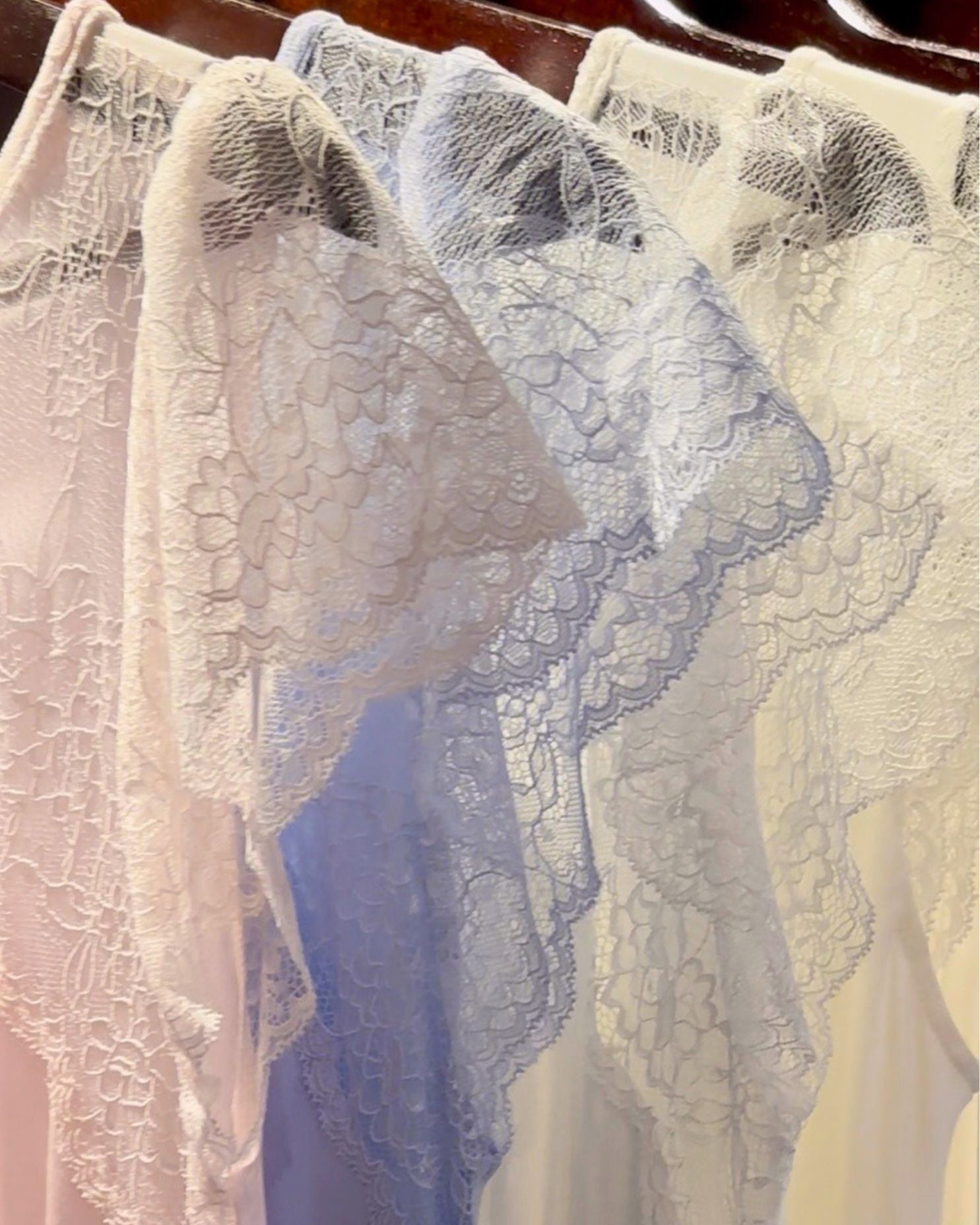 Luminé Serene Nightdress in Pearl Ivory, Petal Pink and Porcelain Blue, superfine modal and lace, on hangers